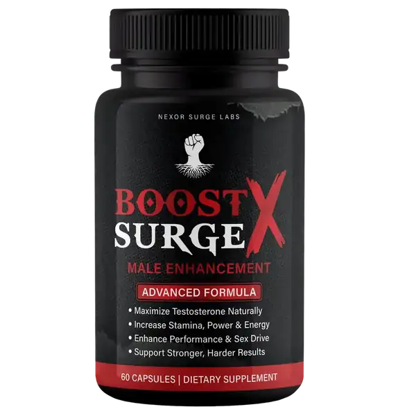 Boost Surge X male vitality supplement bottle with red lightning energy effect