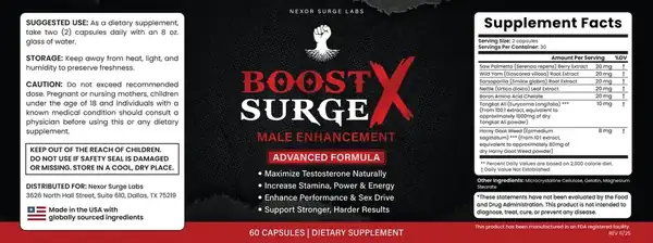 Boost Surge X supplement facts label showing full ingredient list and dosing per 2 capsule serving